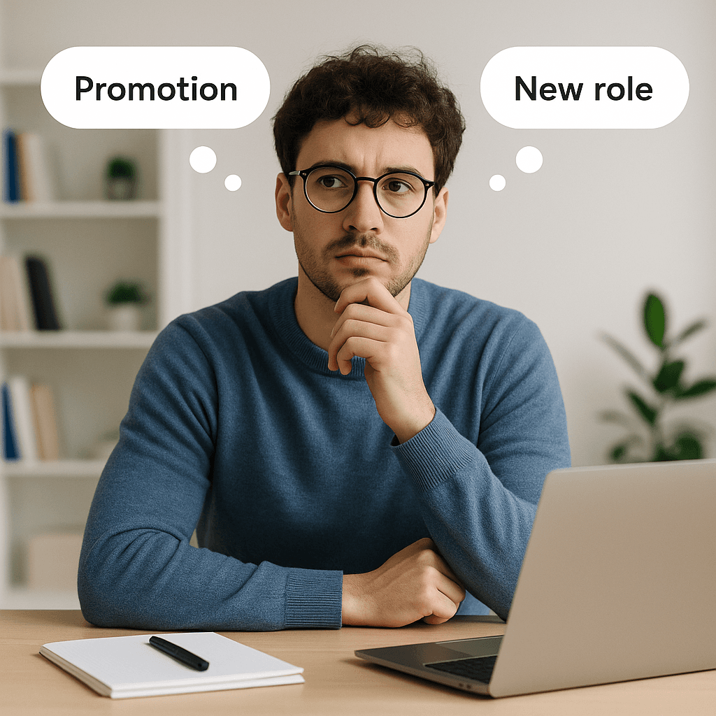 Alex contemplating his promotion and career decisions